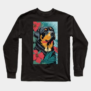 Rottweiler Dog Vibrant Tropical Flower Tall Retro Vintage Digital Pop Art Portrait Long Sleeve T-Shirt